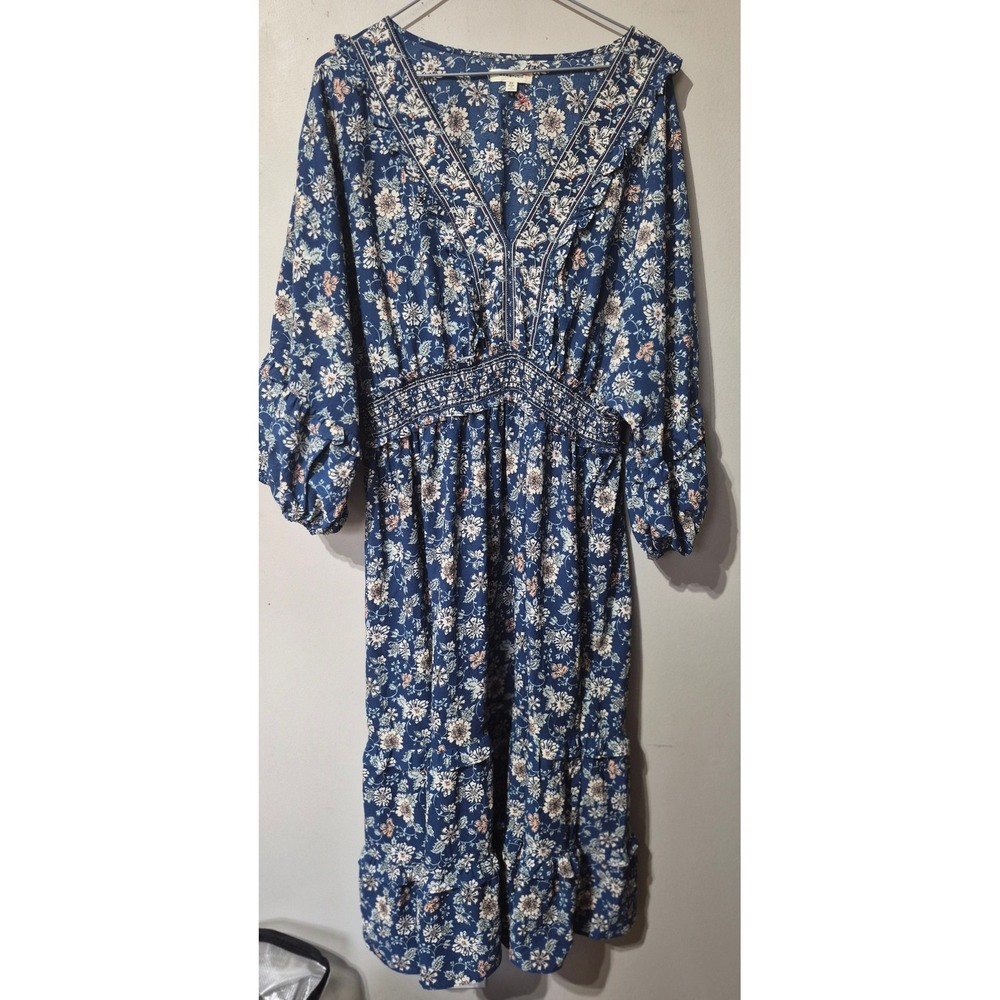 Max Studio Blue Floral Smocked Waist Tiered Midi Dress 2X 2W10C66 Boho V-Neck